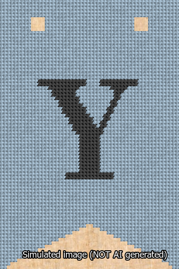 A simulated image of the stitched needlepoint design: Banner 13m Forked Y Black on Light Blue. Not A.I. generated.