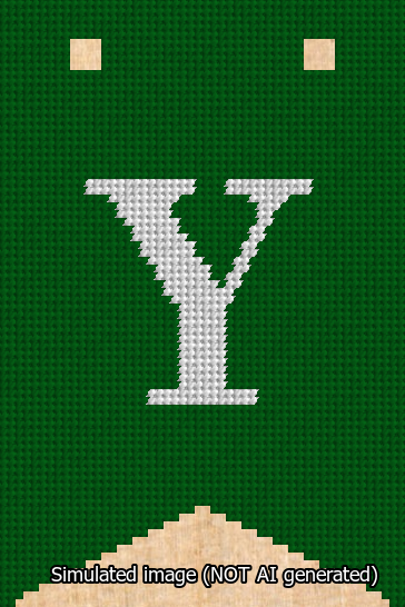 A simulated image of the stitched needlepoint design: Banner 13m Forked Y White on Green. Not A.I. generated.