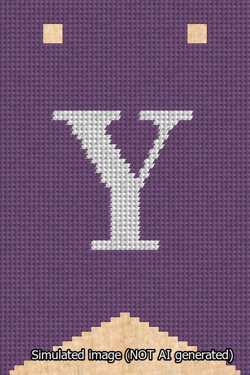 A simulated image of the stitched needlepoint design: Banner 13m Forked Y White on Purple. Not A.I. generated.