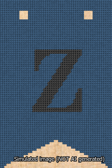 A simulated image of the stitched needlepoint design: Banner 13m Forked Z Black on Blue. Not A.I. generated.