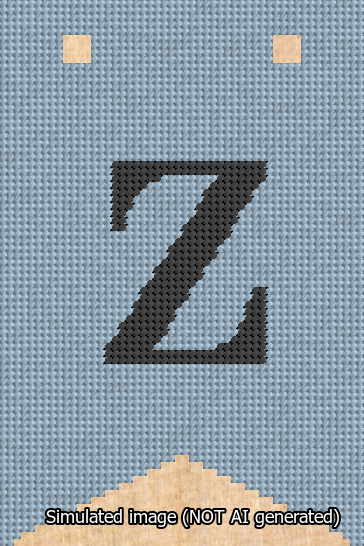 A simulated image of the stitched needlepoint design: Banner 13m Forked Z Black on Light Blue. Not A.I. generated.