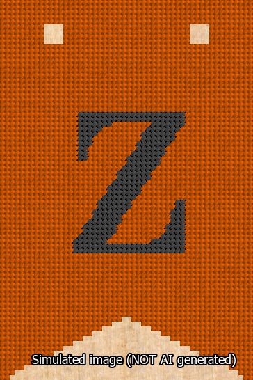 A simulated image of the stitched needlepoint design: Banner 13m Forked Z Black on Orange. Not A.I. generated.
