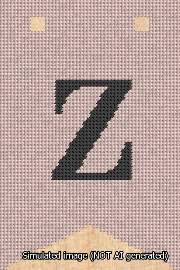 A simulated image of the stitched needlepoint design: Banner 13m Forked Z Black on Pink. Not A.I. generated.