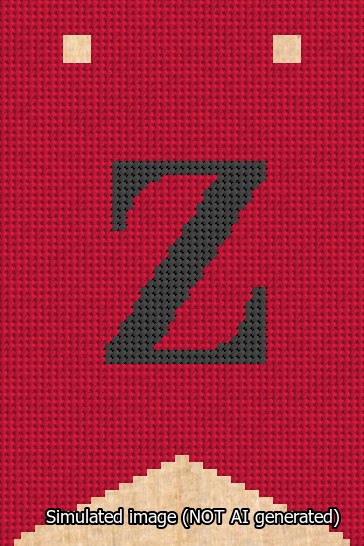 A simulated image of the stitched needlepoint design: Banner 13m Forked Z Black on Red. Not A.I. generated.