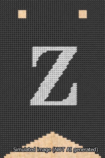 A simulated image of the stitched needlepoint design: Banner 13m Forked Z White on Black. Not A.I. generated.