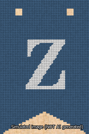 A simulated image of the stitched needlepoint design: Banner 13m Forked Z White on Blue. Not A.I. generated.
