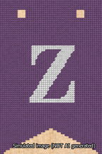A simulated image of the stitched needlepoint design: Banner 13m Forked Z White on Purple. Not A.I. generated.