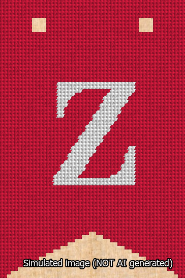 A simulated image of the stitched needlepoint design: Banner 13m Forked Z White on Red. Not A.I. generated.