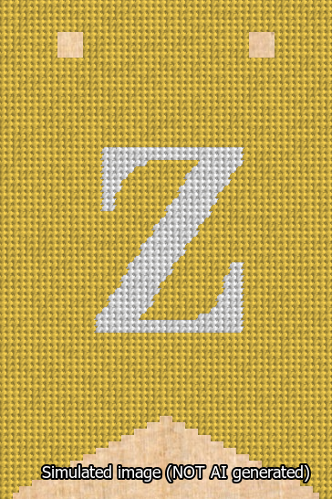 A simulated image of the stitched needlepoint design: Banner 13m Forked Z White on Yellow. Not A.I. generated.