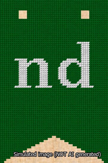 A simulated image of the stitched needlepoint design: Banner 13m Forked nd White on Green. Not A.I. generated.