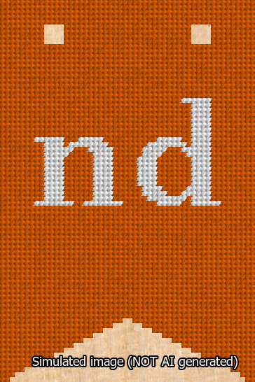 A simulated image of the stitched needlepoint design: Banner 13m Forked nd White on Orange. Not A.I. generated.