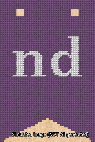 A simulated image of the stitched needlepoint design: Banner 13m Forked nd White on Purple. Not A.I. generated.