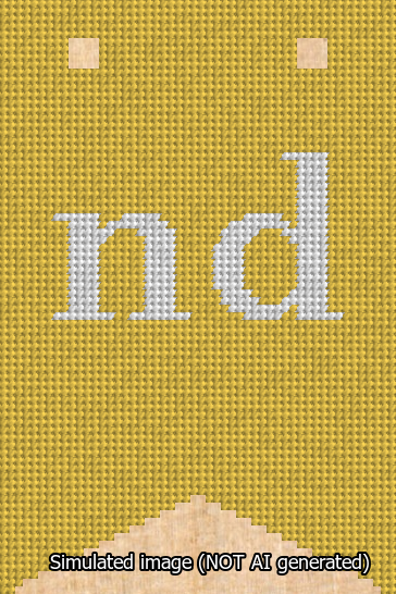 A simulated image of the stitched needlepoint design: Banner 13m Forked nd White on Yellow. Not A.I. generated.