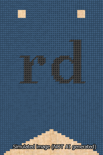 A simulated image of the stitched needlepoint design: Banner 13m Forked rd Black on Blue. Not A.I. generated.