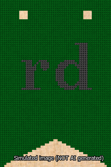 A simulated image of the stitched needlepoint design: Banner 13m Forked rd Black on Green. Not A.I. generated.