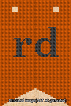 A simulated image of the stitched needlepoint design: Banner 13m Forked rd Black on Orange. Not A.I. generated.