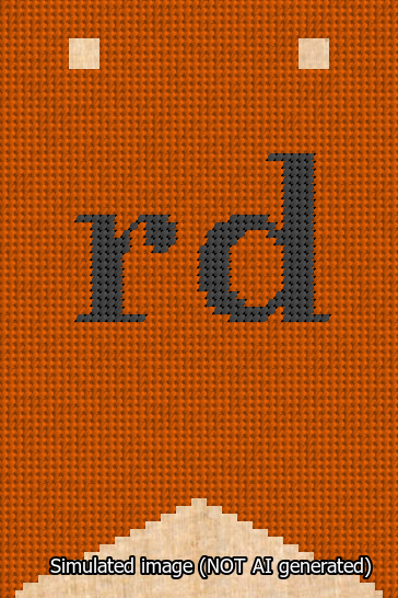 A simulated image of the stitched needlepoint design: Banner 13m Forked rd Black on Orange. Not A.I. generated.