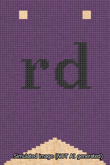 A simulated image of the stitched needlepoint design: Banner 13m Forked rd Black on Purple. Not A.I. generated.
