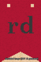 A simulated image of the stitched needlepoint design: Banner 13m Forked rd Black on Red. Not A.I. generated.