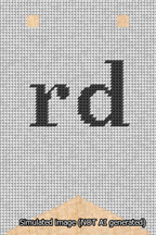 A simulated image of the stitched needlepoint design: Banner 13m Forked rd Black on White. Not A.I. generated.