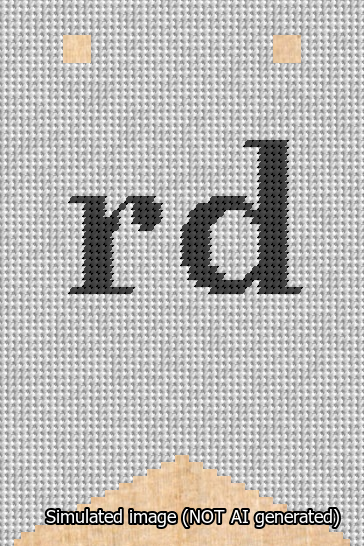 A simulated image of the stitched needlepoint design: Banner 13m Forked rd Black on White. Not A.I. generated.