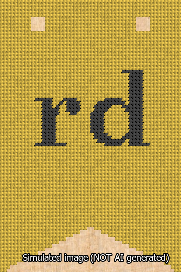 A simulated image of the stitched needlepoint design: Banner 13m Forked rd Black on Yellow. Not A.I. generated.
