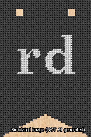 A simulated image of the stitched needlepoint design: Banner 13m Forked rd White on Black. Not A.I. generated.
