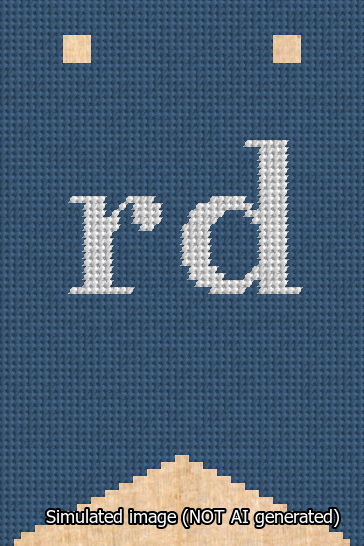 A simulated image of the stitched needlepoint design: Banner 13m Forked rd White on Blue. Not A.I. generated.