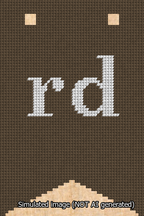 A simulated image of the stitched needlepoint design: Banner 13m Forked rd White on Brown. Not A.I. generated.