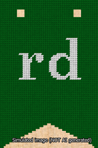 A simulated image of the stitched needlepoint design: Banner 13m Forked rd White on Green. Not A.I. generated.
