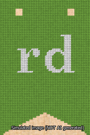 A simulated image of the stitched needlepoint design: Banner 13m Forked rd White on Light Green. Not A.I. generated.