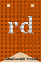 A simulated image of the stitched needlepoint design: Banner 13m Forked rd White on Orange. Not A.I. generated.
