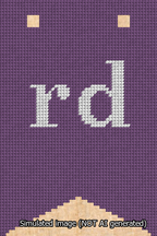 A simulated image of the stitched needlepoint design: Banner 13m Forked rd White on Purple. Not A.I. generated.