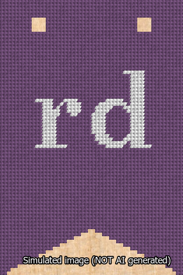 A simulated image of the stitched needlepoint design: Banner 13m Forked rd White on Purple. Not A.I. generated.