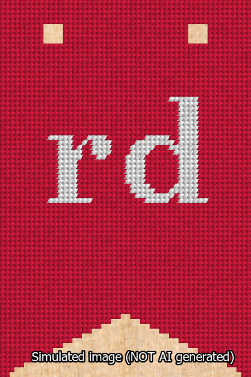 A simulated image of the stitched needlepoint design: Banner 13m Forked rd White on Red. Not A.I. generated.
