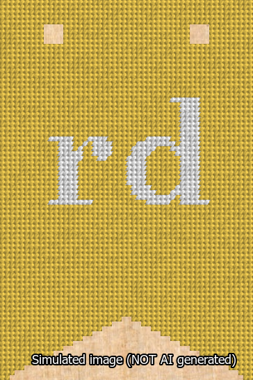 A simulated image of the stitched needlepoint design: Banner 13m Forked rd White on Yellow. Not A.I. generated.