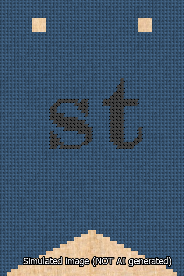 A simulated image of the stitched needlepoint design: Banner 13m Forked st Black on Blue. Not A.I. generated.