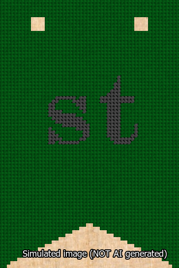 A simulated image of the stitched needlepoint design: Banner 13m Forked st Black on Green. Not A.I. generated.