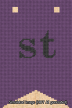 A simulated image of the stitched needlepoint design: Banner 13m Forked st Black on Purple. Not A.I. generated.