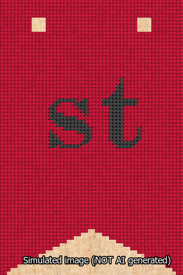 A simulated image of the stitched needlepoint design: Banner 13m Forked st Black on Red. Not A.I. generated.