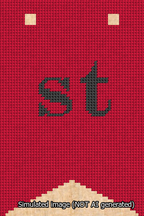 A simulated image of the stitched needlepoint design: Banner 13m Forked st Black on Red. Not A.I. generated.