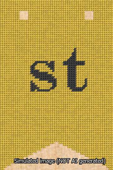 A simulated image of the stitched needlepoint design: Banner 13m Forked st Black on Yellow. Not A.I. generated.