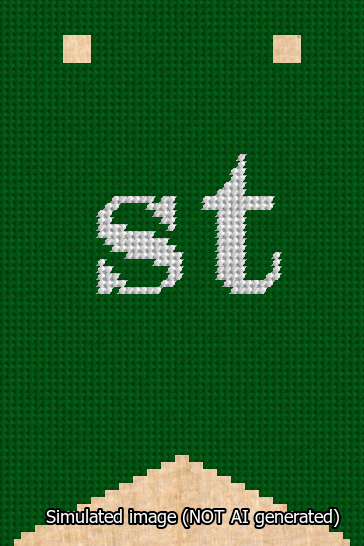 A simulated image of the stitched needlepoint design: Banner 13m Forked st White on Green. Not A.I. generated.