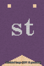 A simulated image of the stitched needlepoint design: Banner 13m Forked st White on Purple. Not A.I. generated.