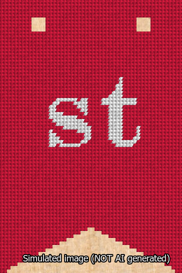 A simulated image of the stitched needlepoint design: Banner 13m Forked st White on Red. Not A.I. generated.