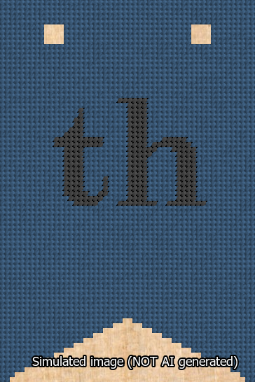 A simulated image of the stitched needlepoint design: Banner 13m Forked th Black on Blue. Not A.I. generated.