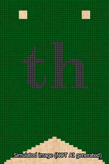 A simulated image of the stitched needlepoint design: Banner 13m Forked th Black on Green. Not A.I. generated.