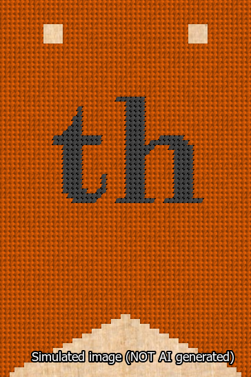 A simulated image of the stitched needlepoint design: Banner 13m Forked th Black on Orange. Not A.I. generated.