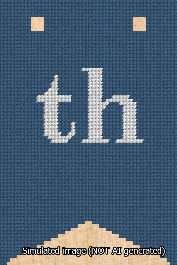 A simulated image of the stitched needlepoint design: Banner 13m Forked th White on Blue. Not A.I. generated.