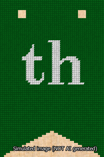 A simulated image of the stitched needlepoint design: Banner 13m Forked th White on Green. Not A.I. generated.